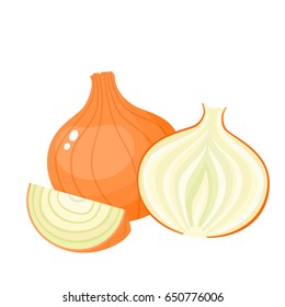 Bright vector illustration of colorful half, slice and whole of onion. Fresh cartoon vegetable isolated on white background. Illustration used for magazine, book, poster, card, menu cover, web pages.