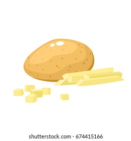 Bright vector illustration of colorful half and whole of potato. Fresh cartoon different vegetable isolated on white background used for magazine, book, poster, card, menu cover, web pages.