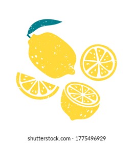 Bright vector illustration of colorful lemons. Healthy cartoon different stylized whole and pieces of fruits in print flat style isolated on white, eat local organic products.