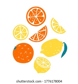 Bright vector illustration of colorful oranges and lemons. Healthy cartoon different stylized whole and pieces of fruits in print flat style isolated on white, eat local organic products.