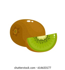 Bright vector illustration of colorful slice and whole of fresh kiwi. Fresh cartoon kiwi isolated on white background.