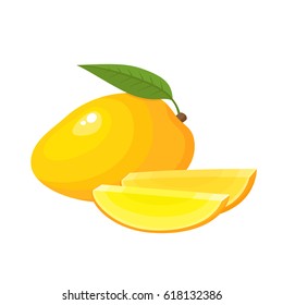 Bright vector illustration of colorful slice and whole of mango. Fresh cartoon exotic fruits isolated on white background.