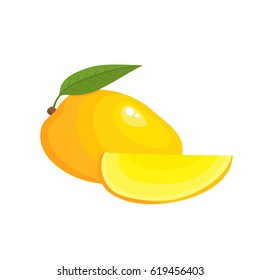 Bright vector illustration of colorful slice and whole of mango. Fresh cartoon exotic fruits isolated on white background.