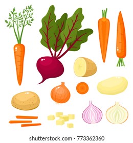 Bright vector illustration of colorful turnips, carrots, potato, beets, onion. Fresh cartoon organic vegetable isolated on white used for magazine, book, poster, card, menu cover, web pages.