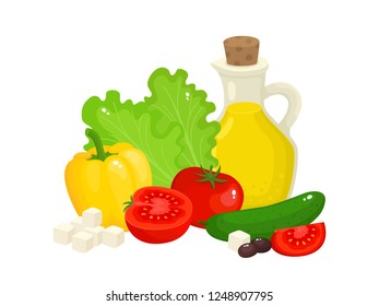 Bright vector illustration of colorful vegetable and oil for salad. Cartoon organic vegetable isolated on white background used for magazine, book, poster, card, menu cover, web pages.