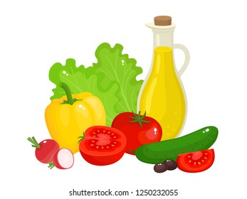 Bright vector illustration of colorful vegetable and oil for salad. Cartoon organic vegetable isolated on white background used for magazine, book, poster, card, menu cover, web pages.