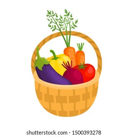 Bright vector illustration of colorful vegetables in basket. Fresh cartoon organic vegetable isolated on white background used for magazine, book, poster, card, menu cover, web pages.