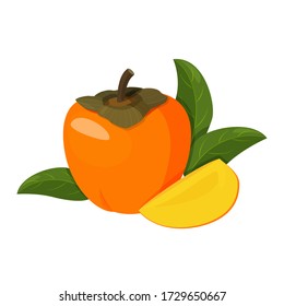 Bright vector illustration of colorful whole persimmon. Fresh cartoon persimmon isolated on white background with hand lettering.