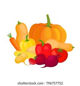 Bright vector illustration of colorful yellow, orange, red vegetables. Fresh cartoon organic vegetable isolated on white background used for magazine, book, poster, card, menu cover, web pages.