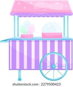 bright vector illustration of a cotton candy machine, a cotton candy cart, a sweet snack, street food, sweets for children 