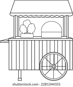 bright vector illustration of a cotton candy cart, a sweet snack, street food, sweets for children, doodle and sketch, coloring book 