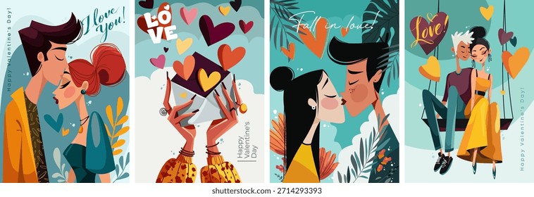 Bright vector illustration of couples on the theme of love and February 14th. Flat Stylish Romantic Valentine's Day Greeting Cards