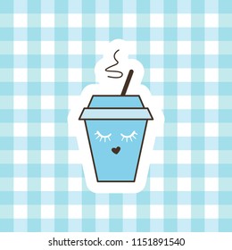 Bright vector illustration with a cup of coffee. checkered background for print and design. Rest, sign in the cafe, cover menu.