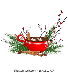 Ilustración vectorial brillante taza de café para Año Nuevo, pegatinas de Navidad, pancarta, libros, postales