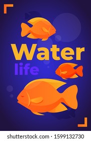 Bright vector illustration dedicated to underwater life represented by bright colorful fishes, modern elements and text 
