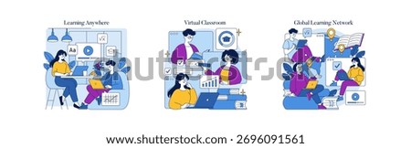 Bright vector illustration depicting diverse individuals engaging in virtual classrooms and global learning networks. Emphasizes online education, collaboration, and digital connectivity.