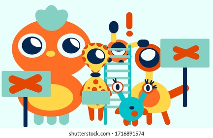 Bright vector illustration depicting a protest rally. Animals, monsters and aliens are holding signboards with requirements and protests concept. Freedom, equality, struggle