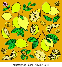 Bright vector illustration in doodle style with lemons and lemon slices.
