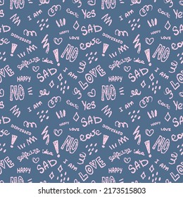 Ilustración vectorial brillante con garabatos. Patrón sin inconvenientes con elementos divertidos y texto sobre fondo azul. Obra de arte dibujada a mano.