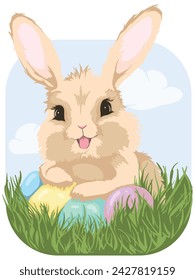 Bright vector illustration for Easter card with cute smiling bunny sitting in the grass and colorful eggs.