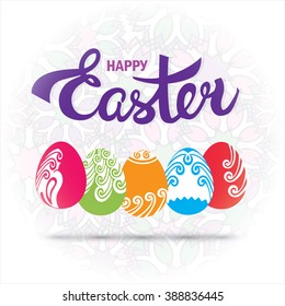 Bright vector illustration of Easter Eggs. Happy Easter greeting card with seamless pattern on the background