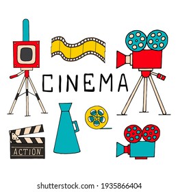 Bright vector illustration with elements of cinema production on a white background.