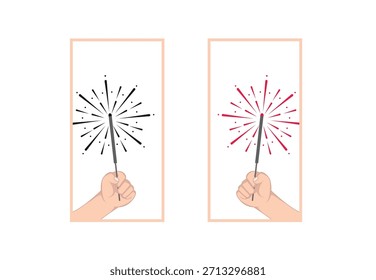 Bright vector illustration featuring a hand tightly holding a burning firework.