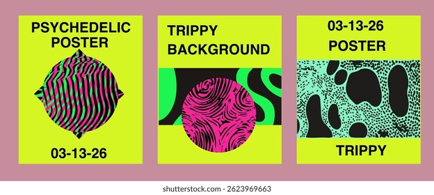 Bright vector illustration featuring three psychedelic posters with abstract, trippy circular patterns and bold text on neon backgrounds, ideal for music or event promotions.