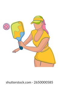 Bright vector illustration of  female pickleball player in motion. Perfect for sports content