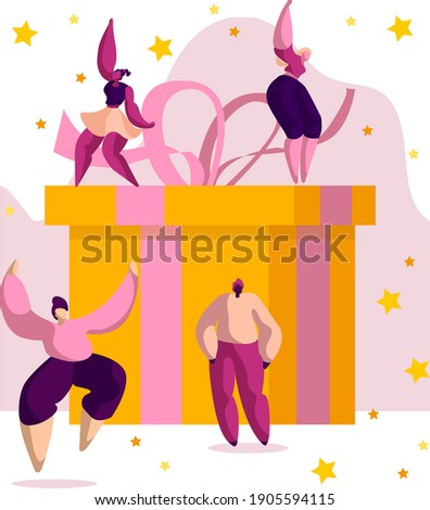 Bright vector illustration with flat, big joyful people for web banner, websites, advertising, magazine, business success, satisfied customers, staff, talented team.