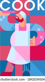 a bright vector illustration in flat style with geometric elements showing a cook in apron 