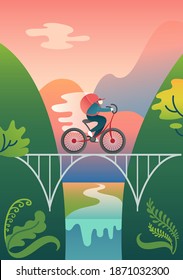 a bright vector illustration in flat style representing a tourist riding his bycicle on the bridge in mountains with a landscape on the background