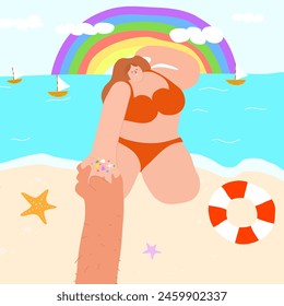 Bright vector illustration in flat style depicting sea, beach and rainbow. In the picture a girl holds starfish, shells and pebbles in her hand, and her hand is tenderly embraced by a man