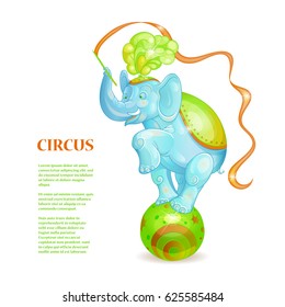Bright vector illustration for flyers or posters. A trained circus elephant with a plume on the head is balancing on a multicolored ball and keeps the trunk tape
