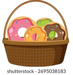 Bright vector illustration of four assorted frosted donuts with sprinkles in a wicker basket.
