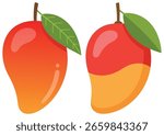 Bright vector illustration of fresh mango fruits with green leaves, perfect for food design, summer themes, and healthy eating concepts.