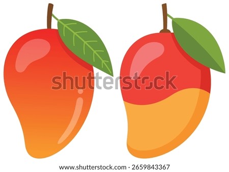 Bright vector illustration of fresh mango fruits with green leaves, perfect for food design, summer themes, and healthy eating concepts.