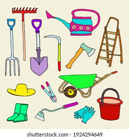 Bright vector illustration with garden tools on a white background.