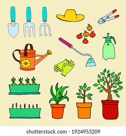Bright vector illustration with garden tools on a light background.