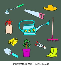 Bright vector illustration with garden tools. The drawing is made by hand.