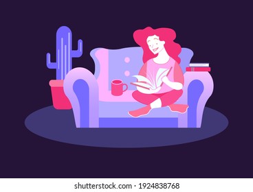 a bright vector illustration of a girl reading a book and sitting on sofa with coffee and a cactus in the background 