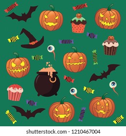 Bright vector illustration for Halloween. Halloween pumpkins, sweets, creepy things. Vector illustration