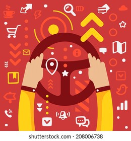 Bright vector illustration hands of men in business suit holding a steering wheel on a red background with different application icons