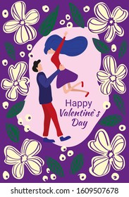 Bright vector illustration of a happy couple in love with beautiful flowers. Lettering Happy Valentine's Day. Ready card, poster, congratulation for Valentine's Day in a flat style.