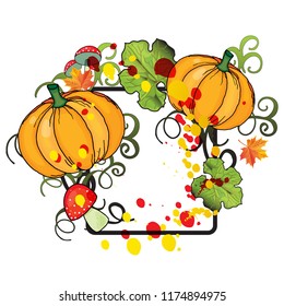 Bright vector illustration of happy Halloween with pumpkin, mushrooms, leaves