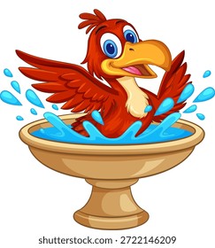 Ilustração de vetor brilhante do banho de pássaro vermelho feliz na água, estilo de desenho animado, fundo branco