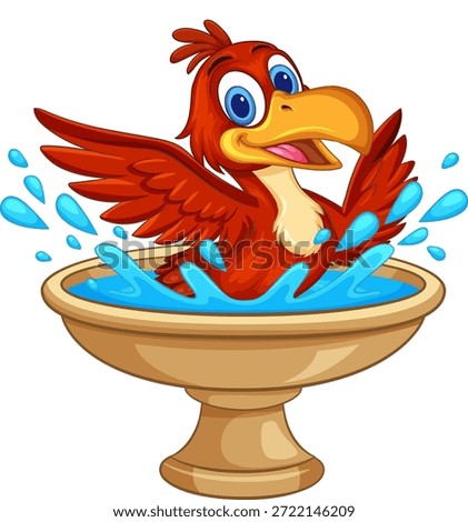 Bright vector illustration of happy red bird bathing in water, cartoon style, white background