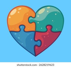 Bright vector illustration of a heart made of four colorful puzzle pieces. Abstract symbol of love, unity, teamwork, connection, autism awareness, relationship, cooperation, and diversity.