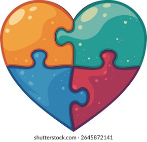 Bright vector illustration of a heart made of four colorful puzzle pieces. Abstract symbol of love, unity, teamwork, connection, autism awareness, relationship, cooperation, and diversity.
