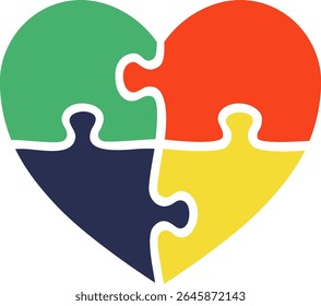 Bright vector illustration of a heart made of four colorful puzzle pieces. Abstract symbol of love, unity, teamwork, connection, autism awareness, relationship, cooperation, and diversity.